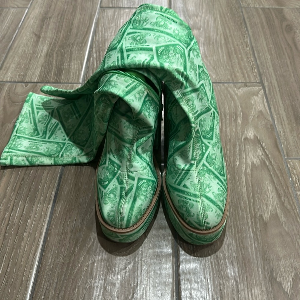 ASOS DESIGN Casey platform knee boot in green money print